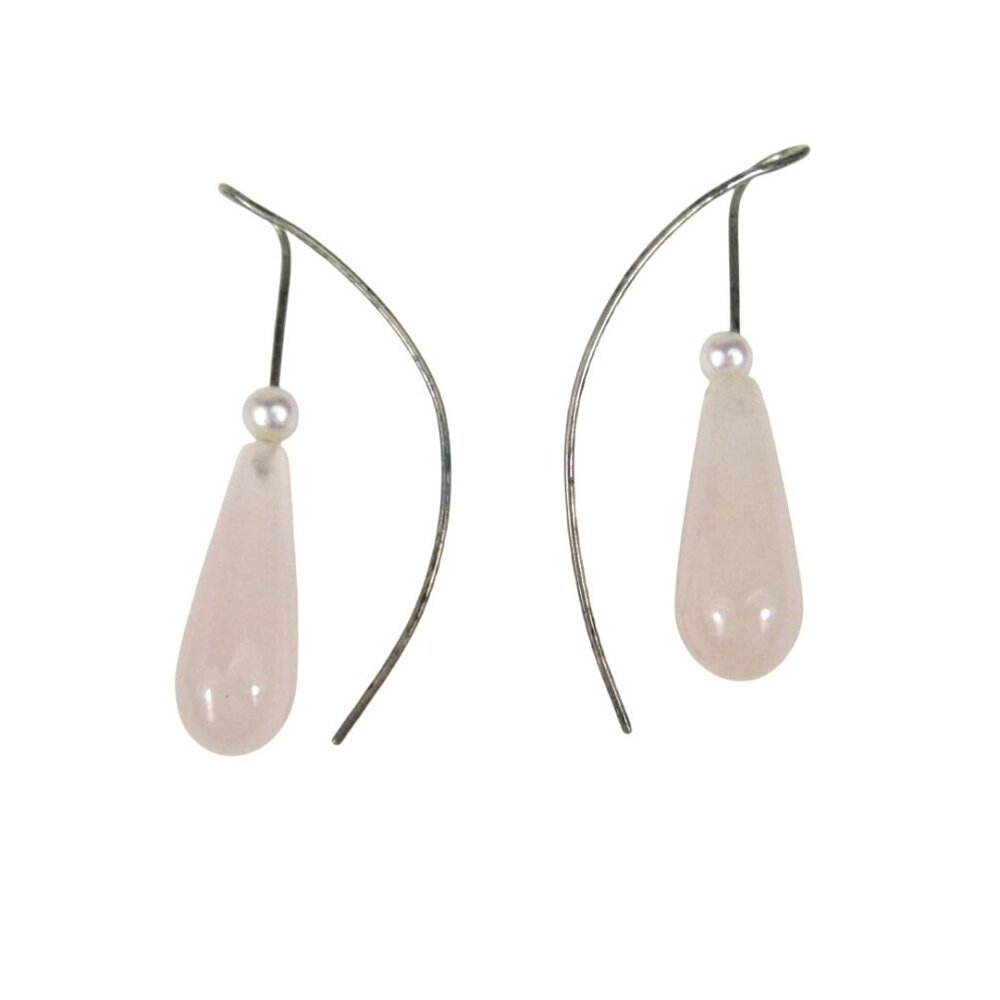 Rose Quartz Stone Pearl Drop Silver Hook French Wire Earrings Long 2 inch Sweep